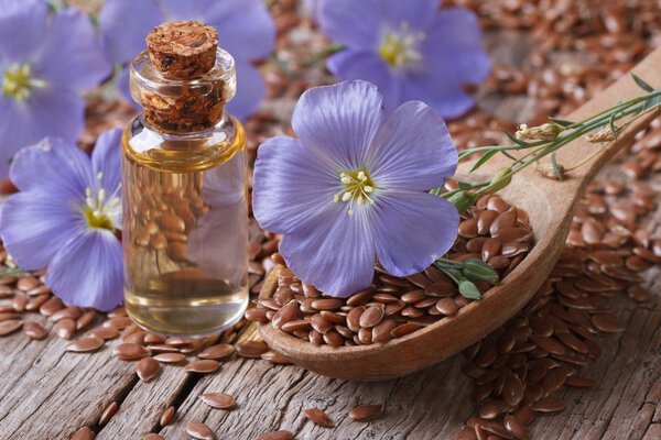 Flowers flax, seeds and oil in a bottle horizontal
