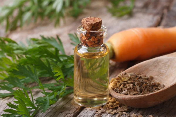 El aceite esencial de las semillas de zanahoria en una botella de vidrio macro —  Fotos de Stock