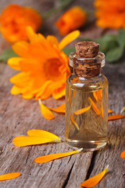 cam şişe ve çiçekler dikey Calendula tentür