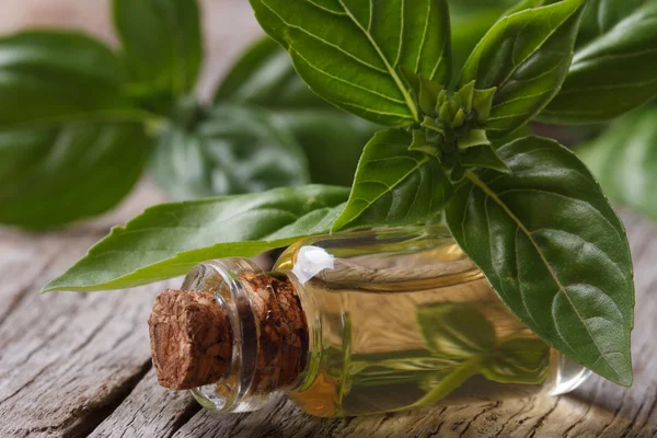 Olie met basilicum close-up in een fles op een houten tafel. — Stockfoto