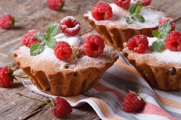 Cupcakes with raspberries and mint closeup horizontal — Stock Photo, Image