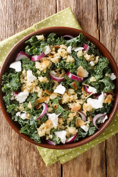 Quinoa Salad Onions Kale Feta Almonds Close Bowl Table Vertical — Stock Photo, Image