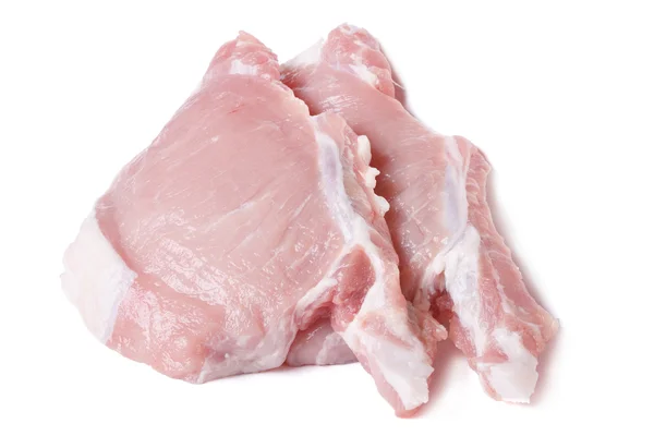 Deux morceaux de viande de porc crue fraîche isolés sur blanc — Photo