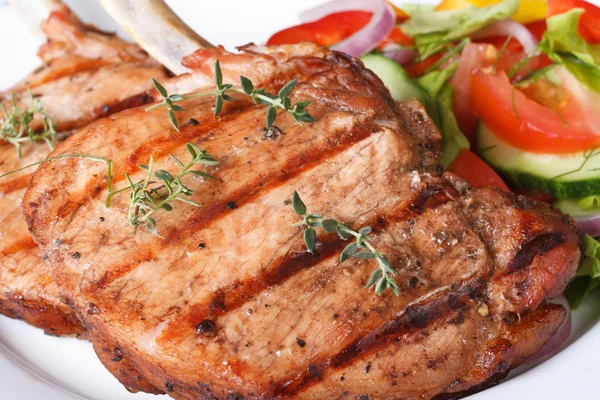 Daging babi panggang makro dan salad dengan sayuran segar — Stok Foto