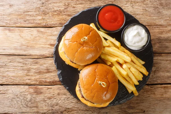 American Butter Burgers Beef Onions Cheese Served Fries Sauces Close — Stock Photo, Image