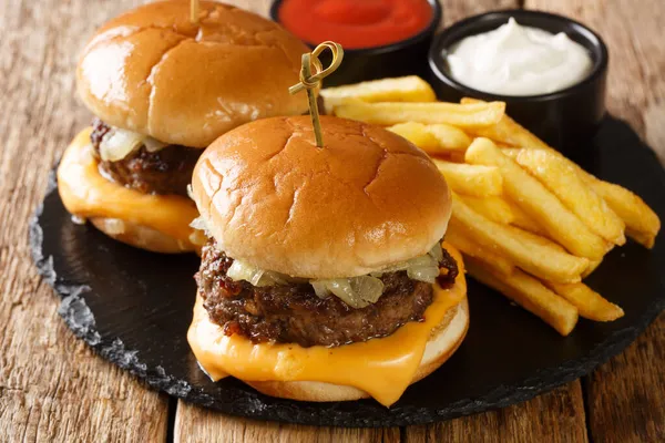 Hot Butter Burgers Beef Onions Melted Cheese Served Fries Sauces — Stock Photo, Image