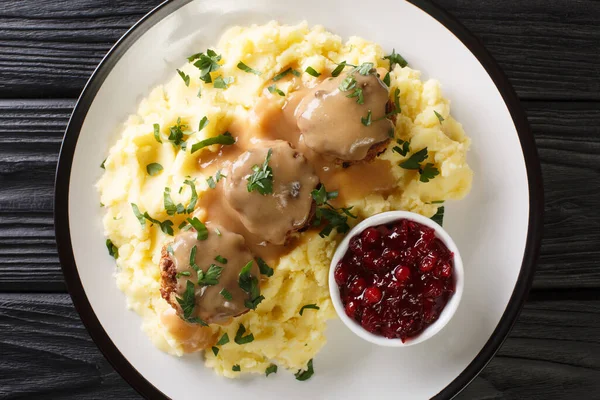 Scandinavian Meatball Lihapullat Mashed Potatoes Lingonberry Jam Close Plate Table — Stock Photo, Image