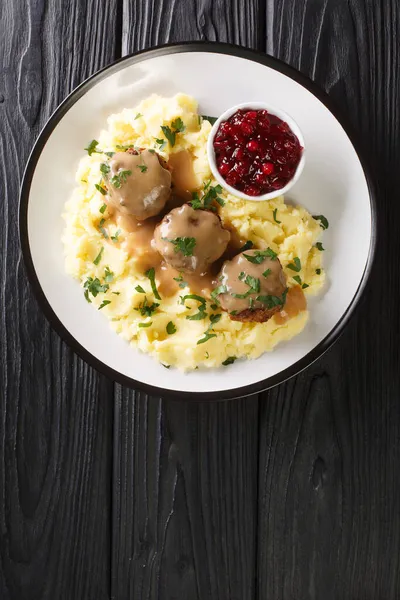 Finnish Meatballs Gravy Served Mashed Potatoes Lingonberry Jam Close Plate — Stock Photo, Image