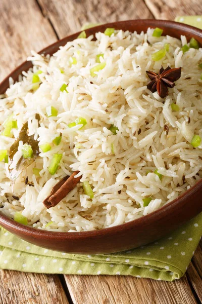 Riso Jeera Indian Cumin Rice Perfetto Vicino Nella Ciotola Sul — Foto Stock