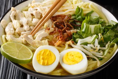 Erişteli Endonezya Tavuk Çorbası, zerdeçal ve Ginger Soto Ayam masanın üzerindeki tabağa yaklaşın. Yatay