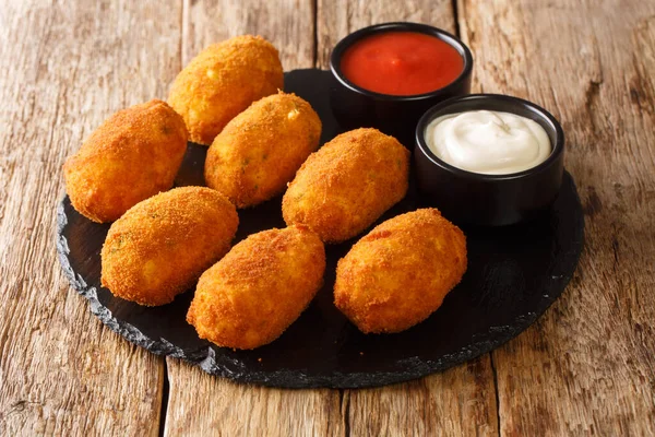 Creamy Salted Cod Croquetes Croquetas Bacalao Close Slate Plate Table — стоковое фото