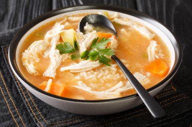 Pirinç ve sebzeli tavuk çorbası Canja de Galinha masanın üzerindeki tabağa yakın. Yatay