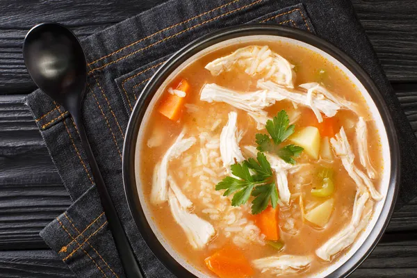 Sup Ayam Dengan Nasi Dan Sayuran Canja Galinha Menutup Piring — Stok Foto