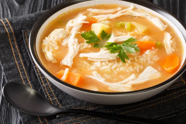 Sopa Frango Com Arroz Batatas Aipo Cenouras Close Uma Tigela — Fotografia de Stock