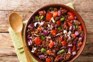 Domatesli, soğanlı ve biberli taze yeşil mercimek salatası masanın üstünde. Yukarıdan yatay üst görünüm
