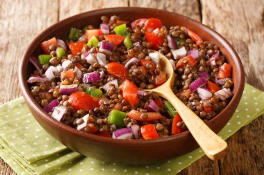 Azifa Tarifi Vejetaryen mercimek salatası Etiyopya yemeği masanın üzerindeki tabağa yakın. Yatay