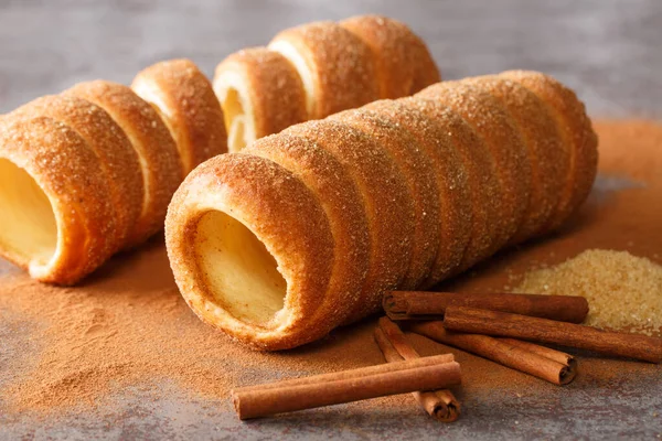 Trdelnik Traditional Sweet Cake Made Yeast Dough Held Stick Fried — Stockfoto