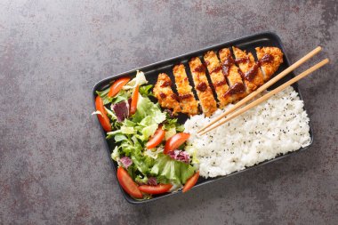 Tori Katsu, çimento masada pirinç ve sebze salatasıyla servis edilen ekmeklenmiş tavuk pirzolasından oluşan popüler bir Japon yemeği. Yukarıdan yatay üst görünüm