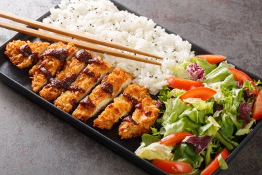 Tavuk katsu, panko tavuk veya tori katsu olarak da bilinen, beton masada pirinç ve sebze salatasıyla servis edilen bir Japon yemeğidir. Yatay