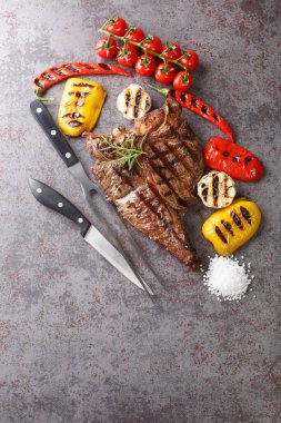 Biftekli biftek, ızgara sebze ve gri arka planda baharat. Yakın plan. Yukarıdan dikey üst görünüm