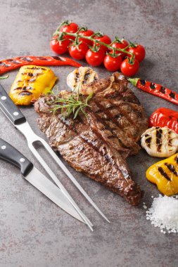 Biftekli biftek, ızgara sebze ve gri arka planda baharat. Yakın plan. Dikey