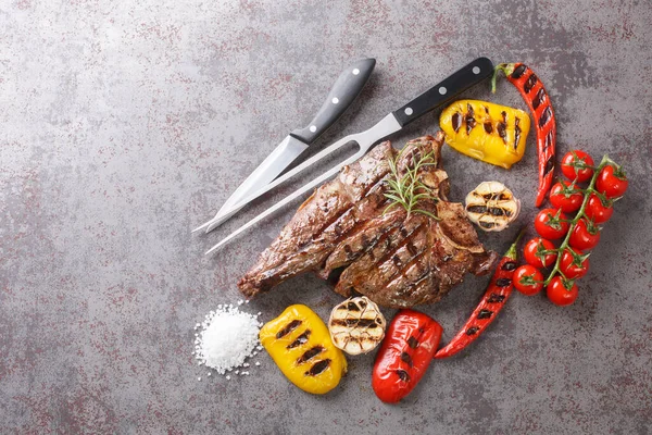 Izgara biftek, sarımsak, biber ve domatesle birlikte beton gri arka planda. Yukarıdan yatay üst görünüm