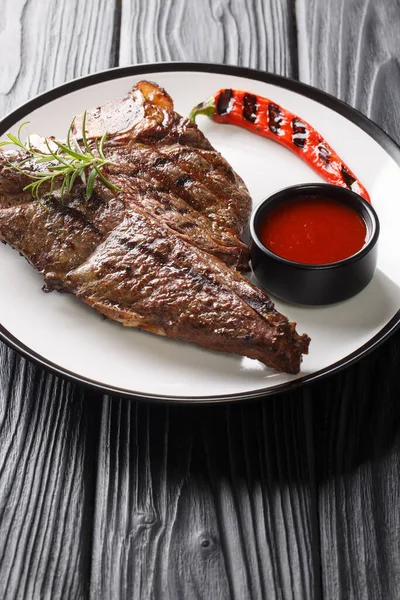 Grill Bone Steak Tomato Sauce Chili Close Plate Wooden Table — Fotografia de Stock