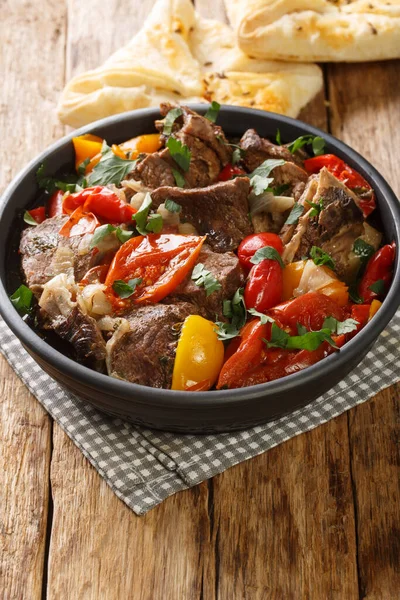 Caucasian Cuisine Buglama Lamb Stewed Vegetables Herbs Close Bowl Wooden — стокове фото