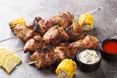 Appetizing kebab on metal sticks close-up on a gray concrete background. Keto Paleo. Pegan Diet.  Horizonta