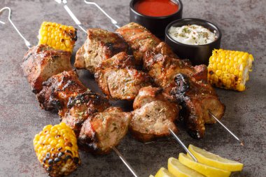 Cooked tasty kebabs with vegetables and spices on concrete board close-up. Horizonta
