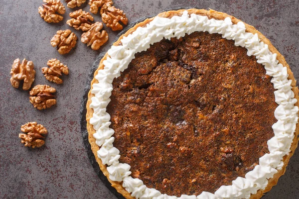 Kentucky Dessert American Chocolate Walnuts Pie Whipped Cream Closeup Plate — Stock Photo, Image
