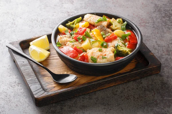 Homemade White Sea Fish Stew Vegetables Close Bowl Table Horizonta — Stock Photo, Image