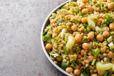 Geleneksel salata freekeh, nohut, kereviz, nane, soğan ve kişniş yakın plan bir tabakta yapılır. yatay