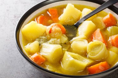 Otantik Porrusalda İspanyol sebze çorbası beton bir masada yakın plan bir kasede. yatay