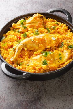 İspanyol paellası, tavşanı yakın çekimde masanın üstünde. Dikey