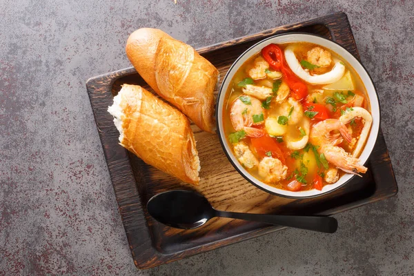 Mediterranean Seafood Stew Potatoes Peppers Tomatoes Onions Close Bowl Table — Stock Photo, Image