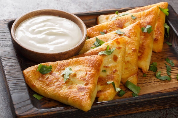 Ukrainian delicious pies benderyki with meat served with sour cream close-up on a wooden tray on the table. Horizonta