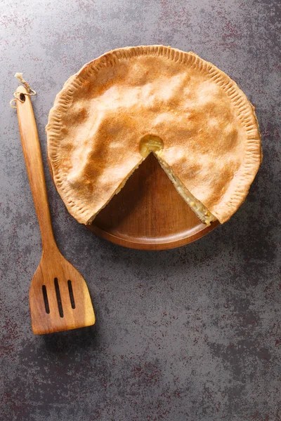 Masadaki tabakta peynirli ve soğanlı nefis ev yapımı turta. Yukarıdan dikey üst görünüm