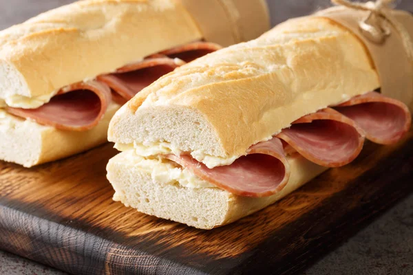 Classic Parisian Jambon Beurre Sandwich Closeup Wooden Board Horizonta — Stock Photo, Image