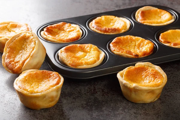 Traditional Portuguese Cheesecakes Called Queijadas Sintra Close Baking Dish Table — ストック写真
