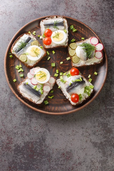 Sandwich Sprat Fillet Eggs Various Vegetables Close Plate Table Vertical — Stock Photo, Image