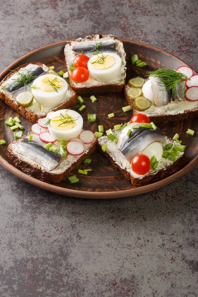 Sandwich Avec Filet Sprat Œufs Légumes Divers Gros Plan Dans — Photo