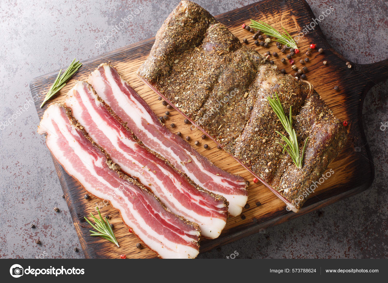 Pancetta Italian Salt Cured Pork Belly Salume Closeup Wooden Board