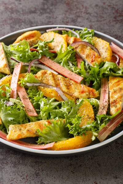 Grilled Chicken Salad Rhubarb Oranges Onions Lettuce Closeup Wooden Board — Stock Photo, Image