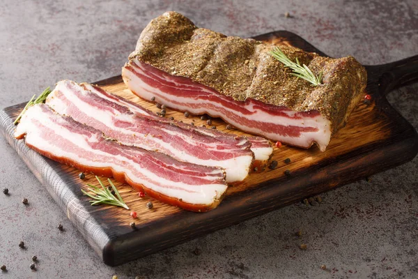 Pancetta Italian Salt Cured Pork Belly Salume Closeup Wooden Board — Stock Photo, Image