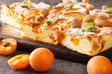 Prajitura cu caise, Romanya kaynaklı geleneksel bir kayısı pastası. Masanın üzerindeki tahta tahtaya yakın plan yapılmış. Yatay