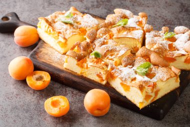 Kayısı ile kayısı aromalı ve nane şekerli pasta. Masanın üzerindeki ahşap bir tahta üzerinde şekerle kaplanmış. Yatay