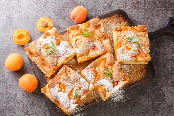 Kayısı ve pudra şekerli sünger keki masanın üzerindeki ahşap tahtaya yakın çekim. Yukarıdan yatay üst görünüm