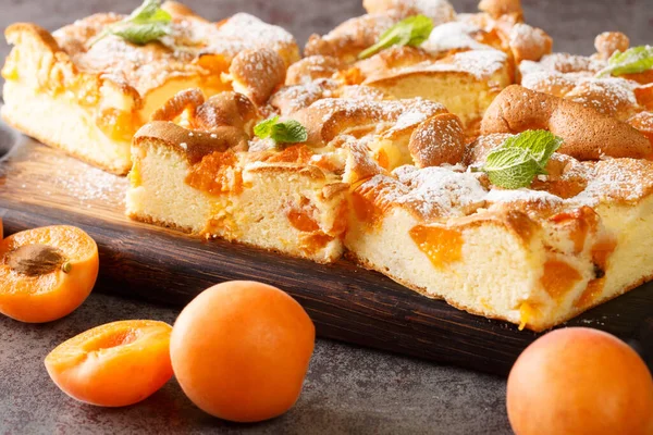 Prajitura cu caise, Romanya kaynaklı geleneksel bir kayısı pastası. Masanın üzerindeki tahta tahtaya yakın plan yapılmış. Yatay