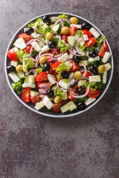 Healthy Food Greek Salad Fresh Cucumber Tomato Sweet Pepper Lettuce — Stock Photo, Image
